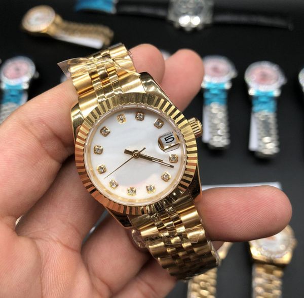 

high-end quality 26mm fashion gold ladies dress watch diamond sapphire mechanical automatic women's watches stainless steel strap brace, Slivery;brown