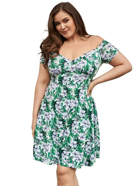 

plus tropical print off shoulder a-line dress d4tc#, Black