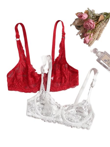 

2pack floral lace underwire bra w5rp#, Black;red