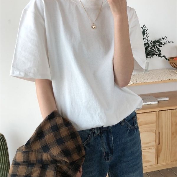 

alien kitty summer t shirt women soft loose solid fresh casual natural short basic shirts 9 colors 220620, White