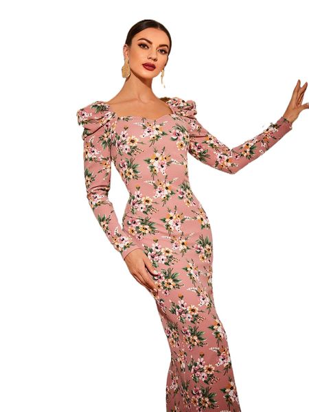 

floral print sweetheart neck gigot sleeve bodycon dress r4jh#, Black;gray