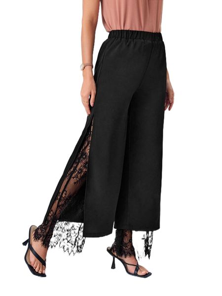 

emery rose contrast lace split side wide leg pants 83vb#, Black;white