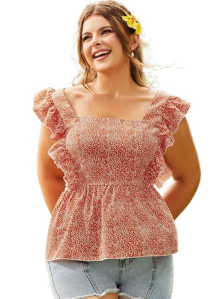 

sbetro plus allover print ruffle trim peplum blouse 96xr#, Black