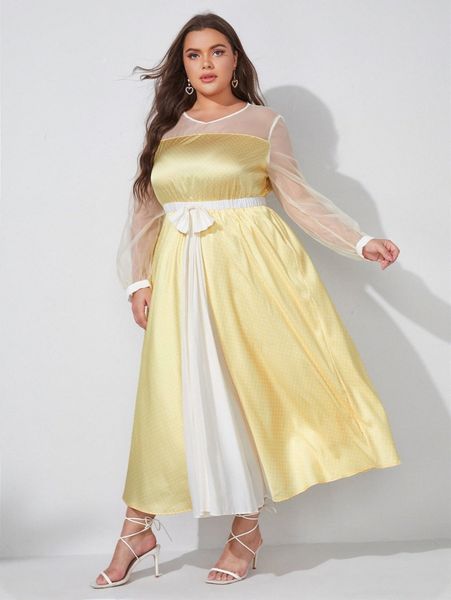 

x thunder plus mesh insert polka dot bow front satin dress b0m9#, Black