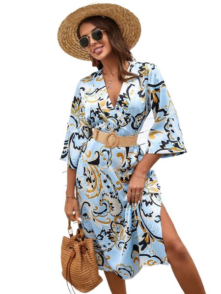 

floral print plunging neck dress without belt p6yv#, Black;gray