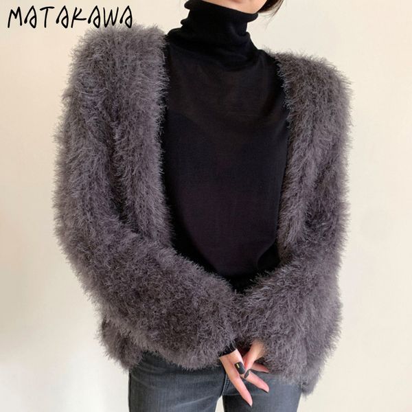 

retro loose solid plush warm longsleeved cardigan autumn and winter sweater short coat women korean 210506, White