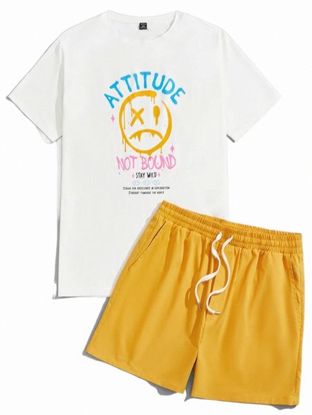 

extended sizes men slogan & cartoon face print tee & drawstring waist shorts q0a2#, Gray