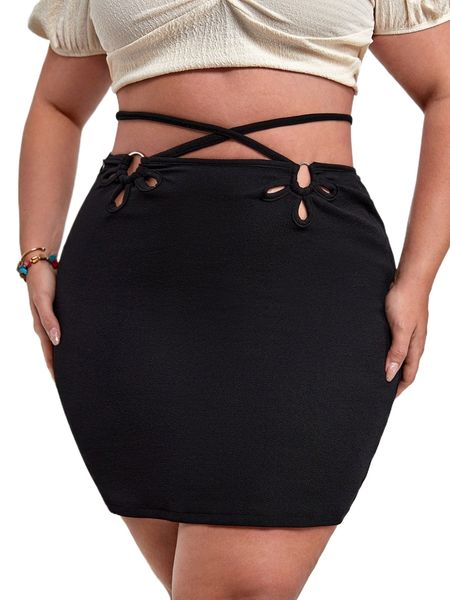 

plus ring linked crisscross tie back bodycon skirt b5tr#, Black