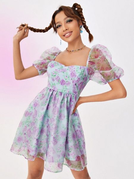 

allover floral puff sleeve organza dress k7jw#, Black;gray