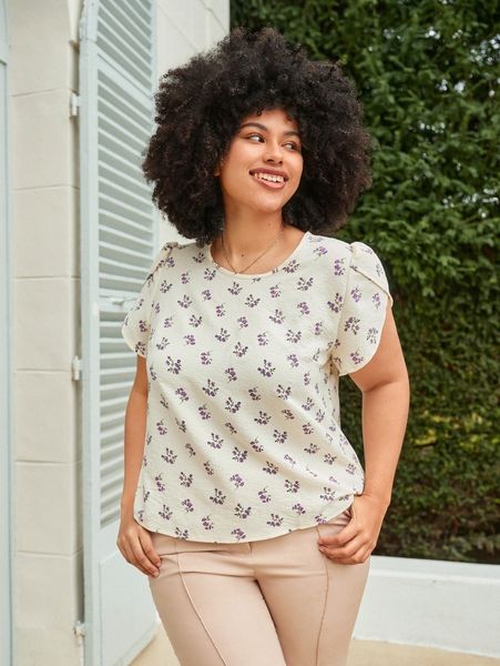 

plus ditsy floral petal sleeve blouse f43c#, Black