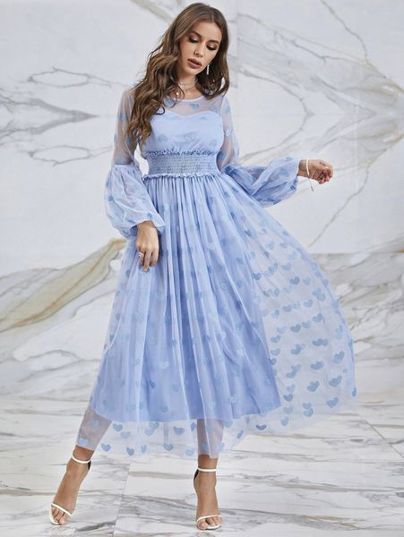 

shirred frill trim lantern sleeve heart mesh dress c69r#, Black;gray