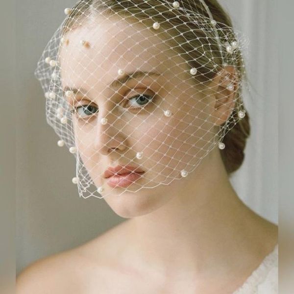 Veli da sposa VA08 Tulle russo Velo a gabbia con perle Matrimonio per viso Cocktail Party Birdcage Fascia per capelli Mini VeuBridal