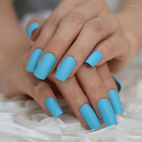 Unghie finte Matte Lake Blue Unghie artificiali Colore puro medio Unghie semplici Quadrato Copertura completa Accessori per manicure Suggerimenti per l'arte Prud22