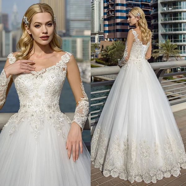 

a-line wedding gowns 2022 elegant scoop neckline long sleeve bridal dress, White