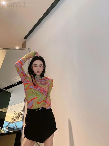 

women's t-shirt designer niche 22ss long sleeved printed bottom mesh shirt is light and breathable, can be worn alone in fashionable co, White