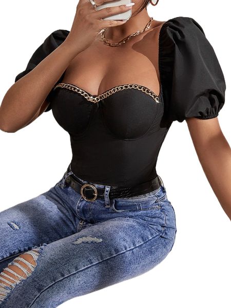 

chain detail puff sleeve crop t1fz#, White