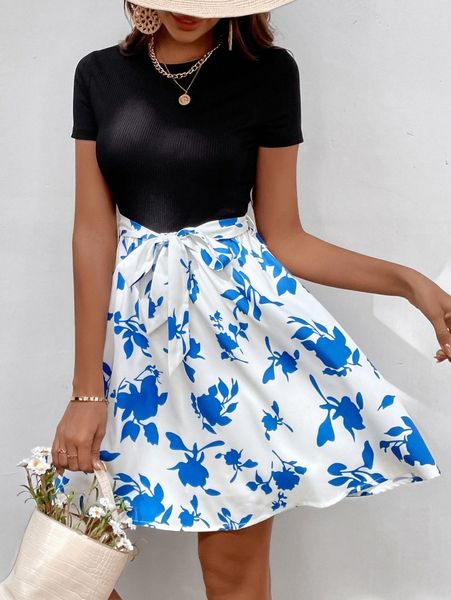 

floral print belted combo dress a5tu#, Black;gray