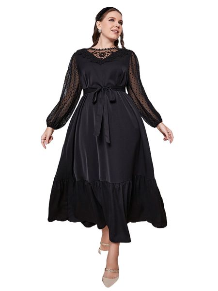 

plus dobby mesh contrast lace lantern sleeve belted dress h4ov#, Black