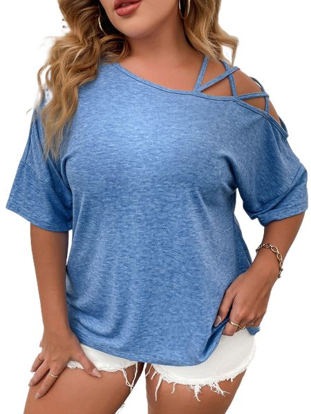 

plus asymmetrical neck batwing sleeve criss cross tee t0vi#, Black