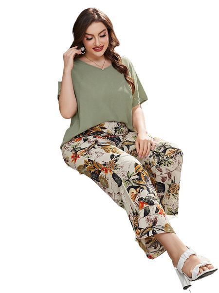 

plus solid blouse & tropical print wide leg pants 74w2#, Black