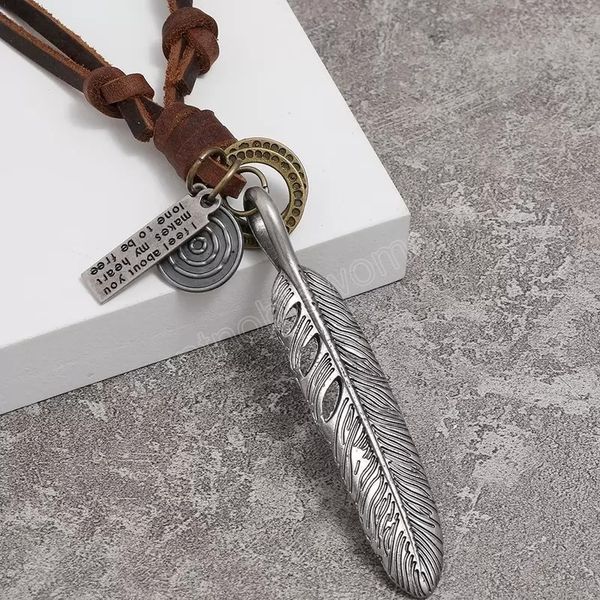 

ancient silver feather necklace letter ring charm adjustable chain leather necklaces for women men punk fashion jewelry gift