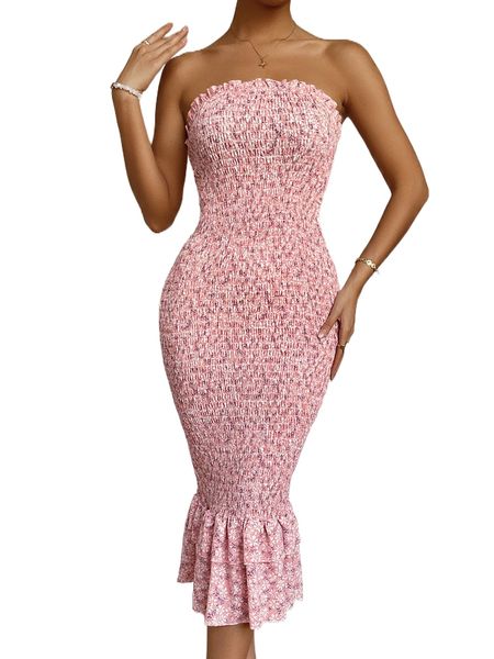 

ditsy floral print shirred mermaid hem bodycon tube dress e4jn#, Black;gray