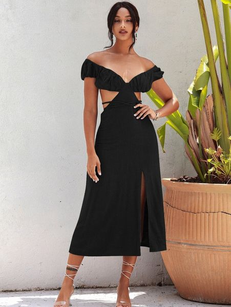 

love&lemonade off shoulder tied open back dress h26m#, Black;gray