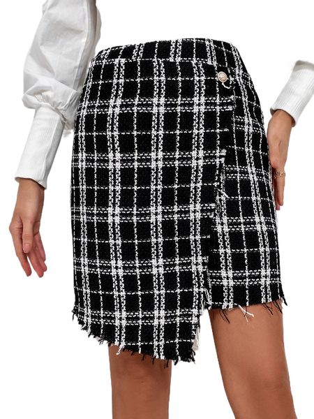 

plaid print raw cut wrap tweed skirt i84g#, Black