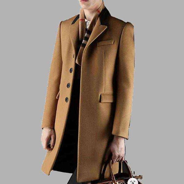 

men's wool & blends woolen coat 2021 autumn winter fashion solid color single breasted long sleeve western style temperament casual men, Black