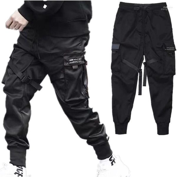 Calça masculina Hip Hop Boy Track da cintura elástica harém calça de streetwear punk fitas de fitas de design masculino bolsos pretos de joggersmen's drak22