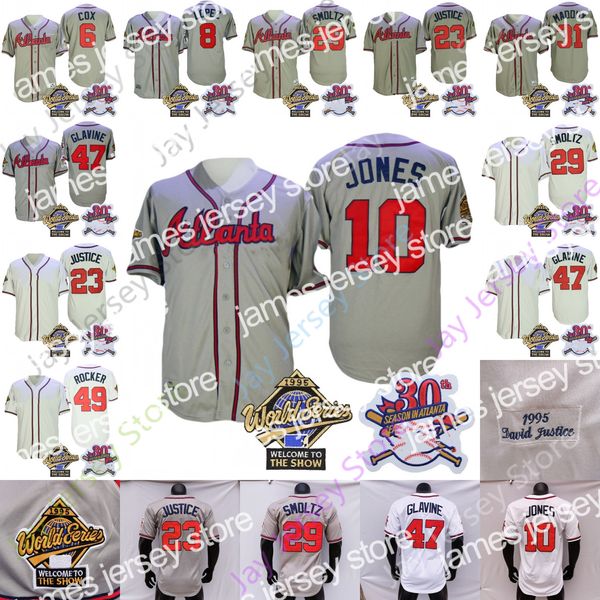 James 1995 World Series Trikot Vintage Bobby Cox Javy Lopez Chipper Jones David Justice John Smoltz Tom Glavine John Rocker Maddux Weiß Grau Größe