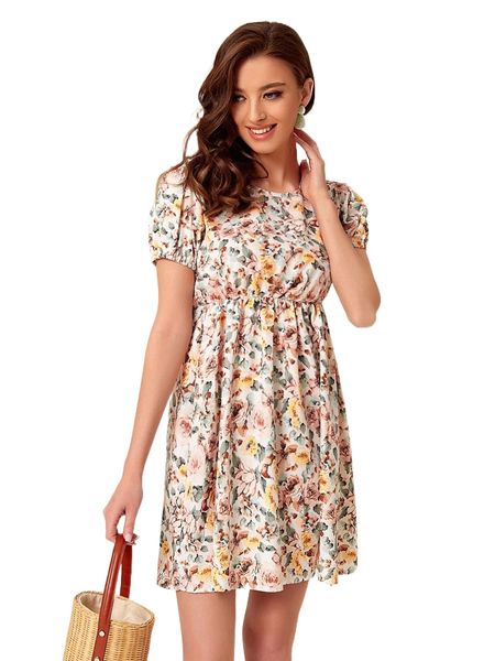 

floral print puff sleeve keyhole back dress k2hf#, Black;gray