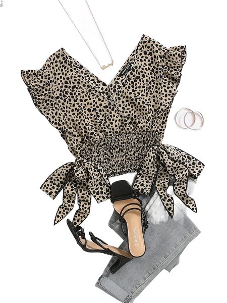 

dalmatian print shirred knot side ruffle sleeve blouse b5fk#, White