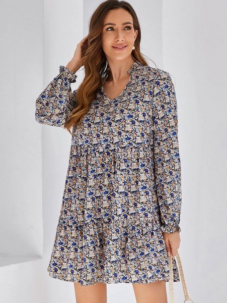 

ditsy floral flounce sleeve smock dress 00wz#, Black;gray