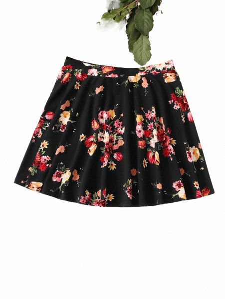 

plus floral print skirt w5f8#, Black