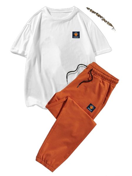 

men letter & cartoon graphic patched detail tee & sweatpants k7jx#, Gray