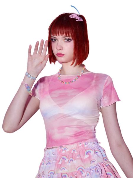 

romwe anime allover cloud print mesh without bra m00f#, White
