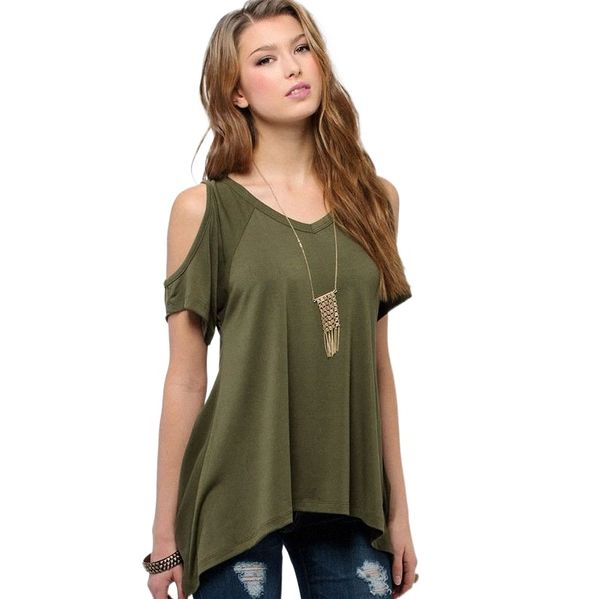 

women's t-shirt summer short sleeve shoulder v-collar solid cotton fish tail 071r#, White