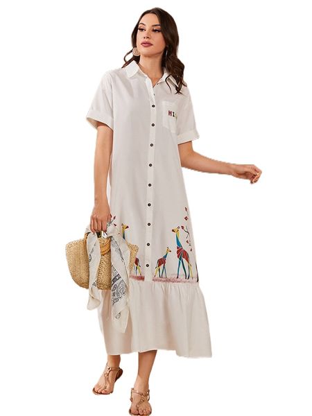 

giraffe and tree print ruffle hem shirt dress o8e7#, Black;gray