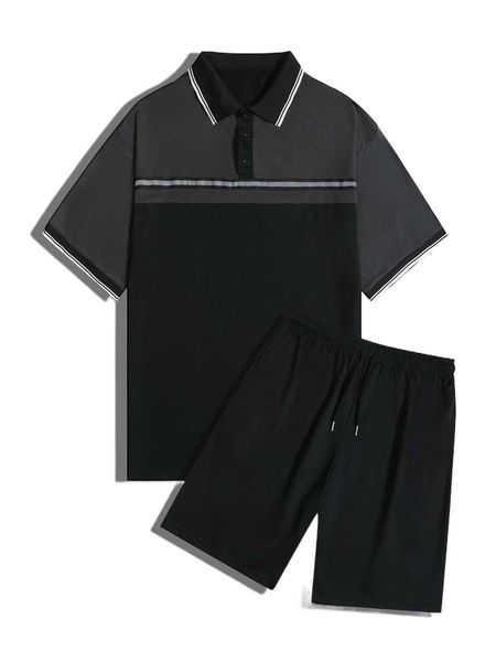 

men contrast trim polo shirt & drawstring waist shorts o10i#, Gray