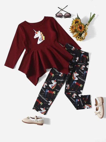 

toddler girls letter and unicorn print hanky hem & pants she, White