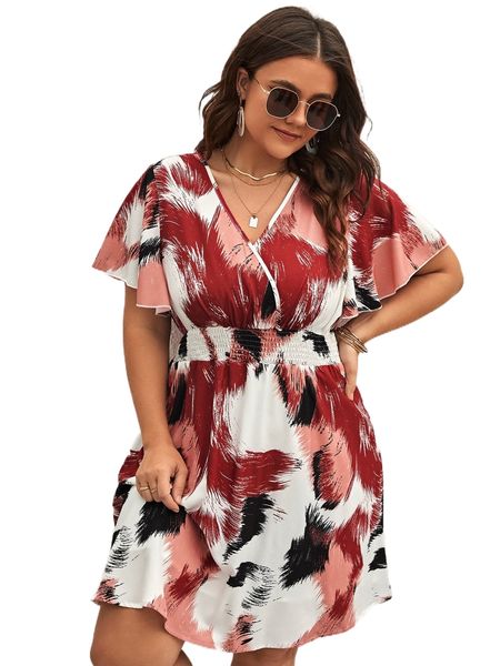 

plus graphic shirred waist butterfly sleeve dress t7yv#, Black