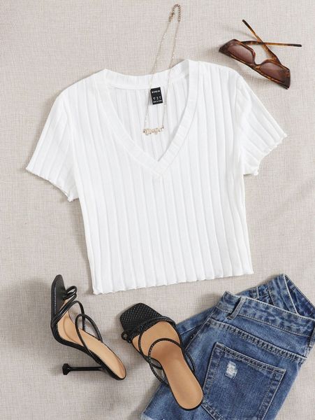 

v-neck lettuce trim rib-knit tee e8xq#, White