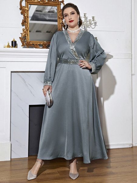 

plus contrast sequins lantern sleeve belted dress a4wc#, Black