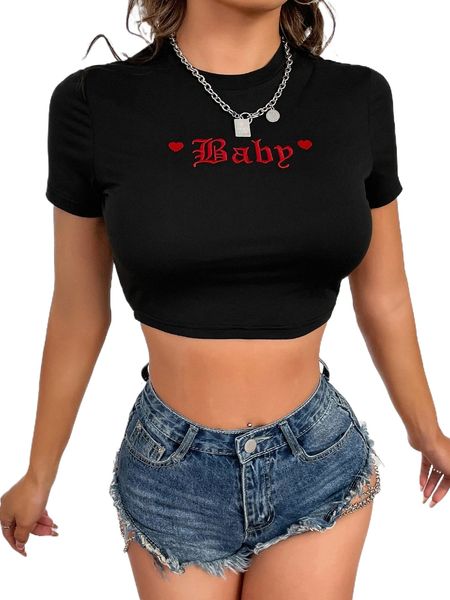 

x domelipa letter & heart embroidery mock neck crop tee y8gc#, White