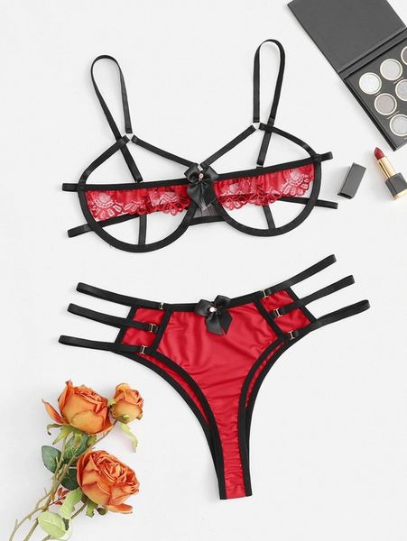 

plus contrast lace cut-out underwire lingerie set p3mj#, Black;white