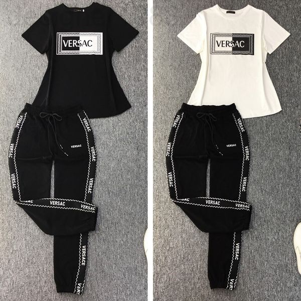 

women's two piece pants designer summer style pure cotton leisure sports suit women's high-end short sleeve t-shirt two piece set, White