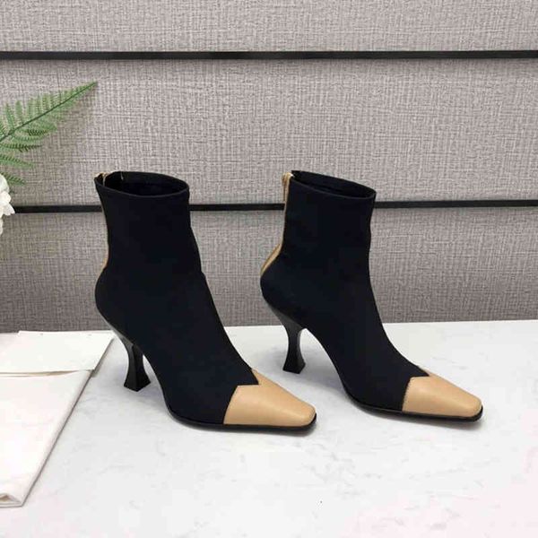 

boots early autumn color matching thin pointed high-heeled short boots feminine temperament versatile single boot net red elastic, Black