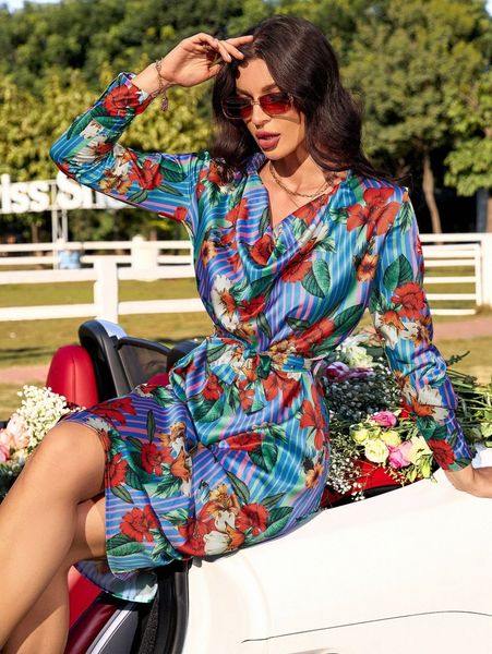 

floral print knot front split thigh cami dress y9pz#, Black;gray