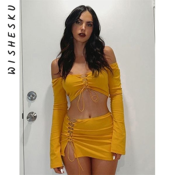 

ruched off shoulder long sleeve crop and lace up bodycon mini skirts two piece sets women casual outfits fall 220510, White